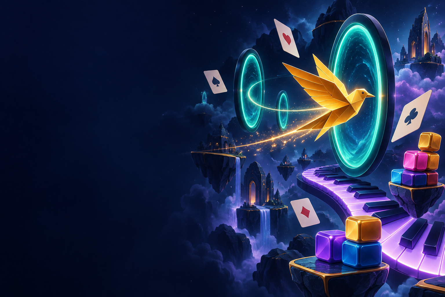 Universo arcade com pássaro dourado, cartas, teclas e blocos